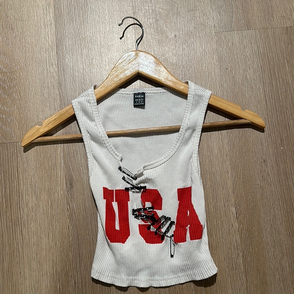 Trendy White Tank with Red USA Print